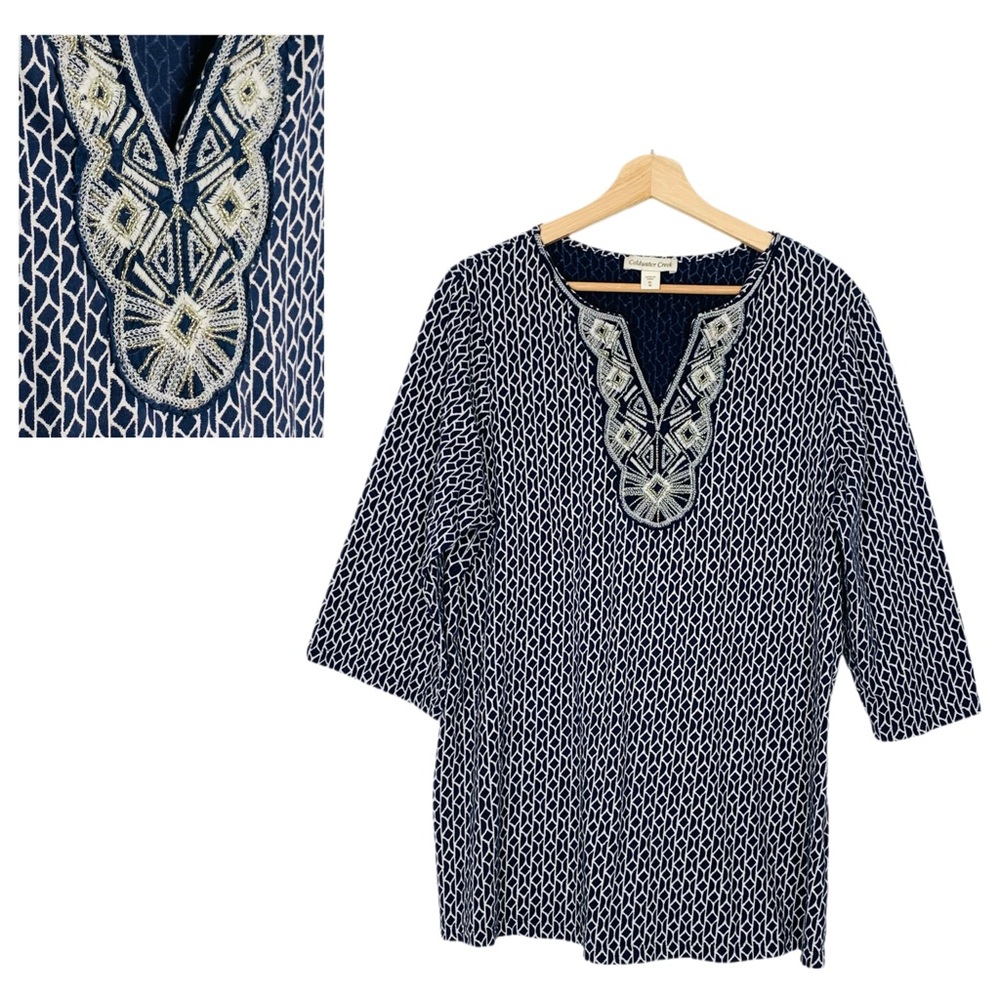 Coldwater Creek Blue Embroidered Beaded Tunic Top Size 16 XL 3/4 Sleeves